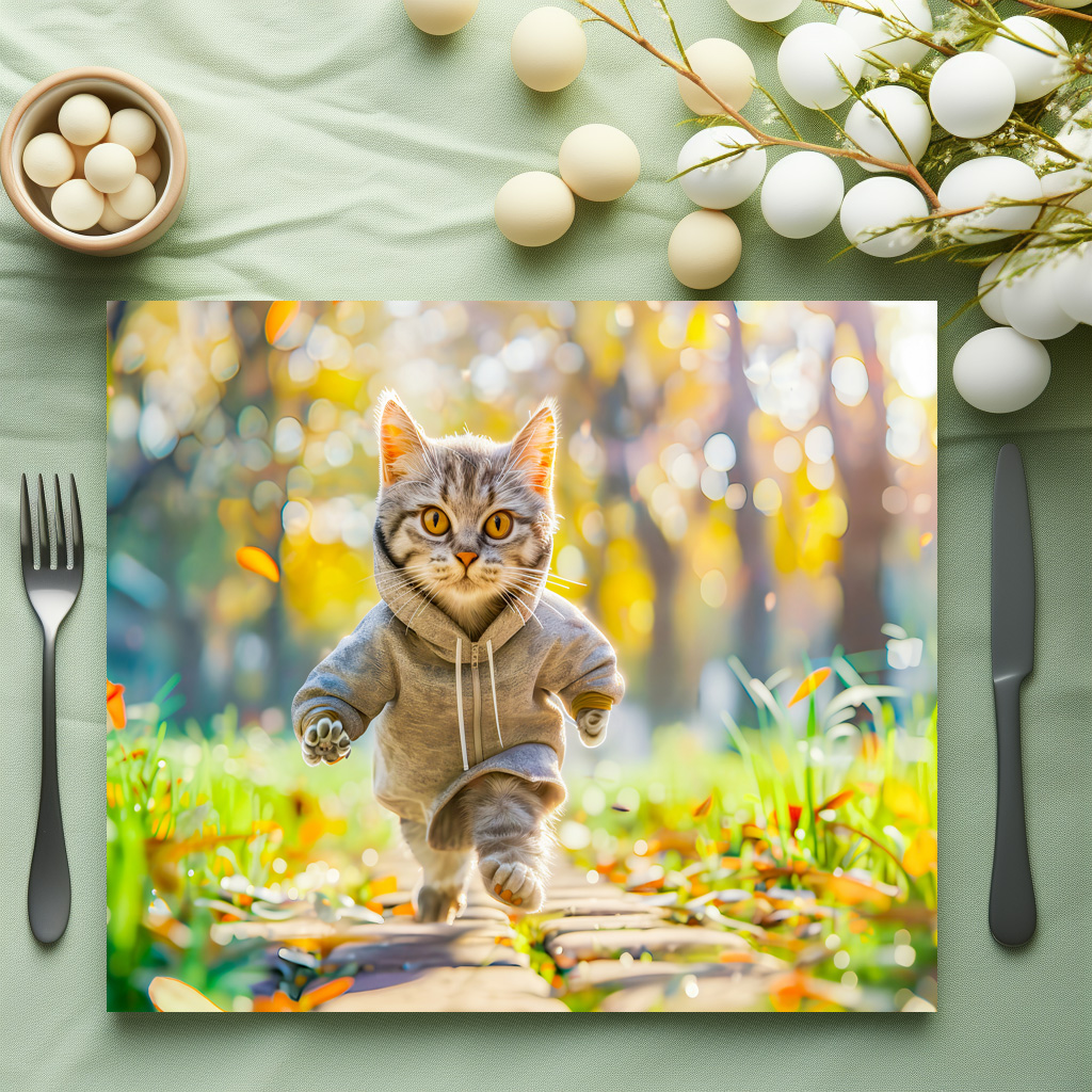 raxxa Premium-Tischset: Cat in hoodie jogging through green park