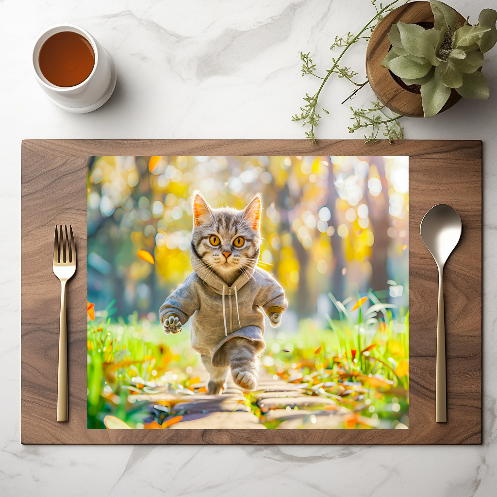 raxxa Premium-Tischset: Cat in hoodie jogging through green park – Image 2