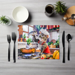 raxxa Premium-Tischset: Cat in chef hat cooking with vegetables and fish