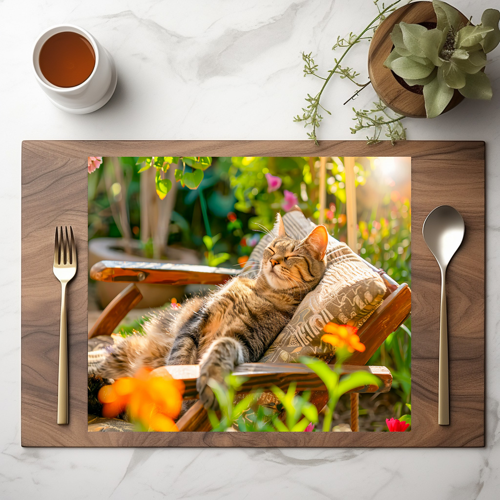 raxxa Premium-Tischset: Cat sleeping in garden chair among flowers