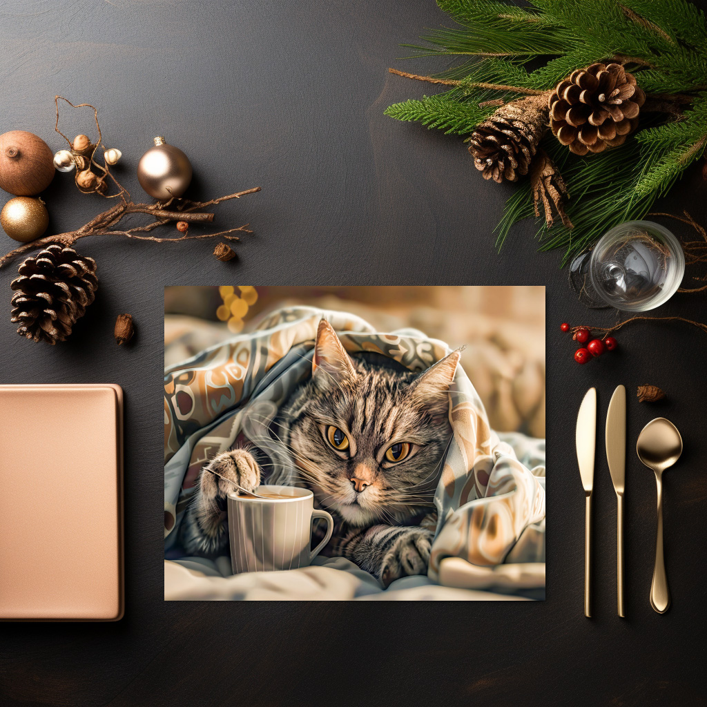 raxxa Premium-Tischset: Cat with coffee and book in cozy blanket - Image 3