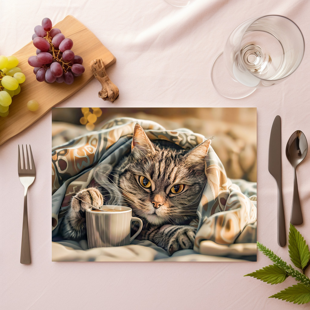 raxxa Premium-Tischset: Cat with coffee and book in cozy blanket