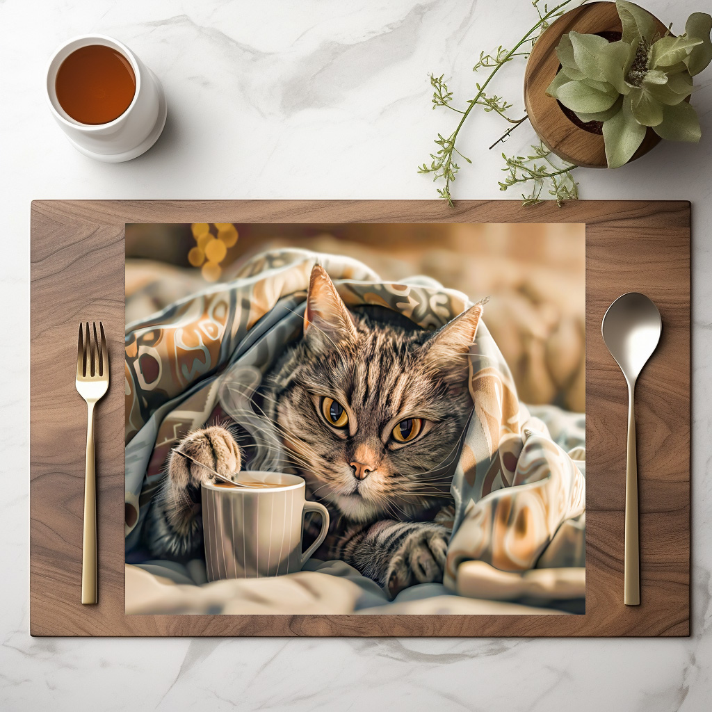 raxxa Premium-Tischset: Cat with coffee and book in cozy blanket - Image 2