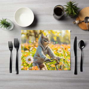 raxxa Premium-Tischset: Cat in hoodie cycling across summer meadow