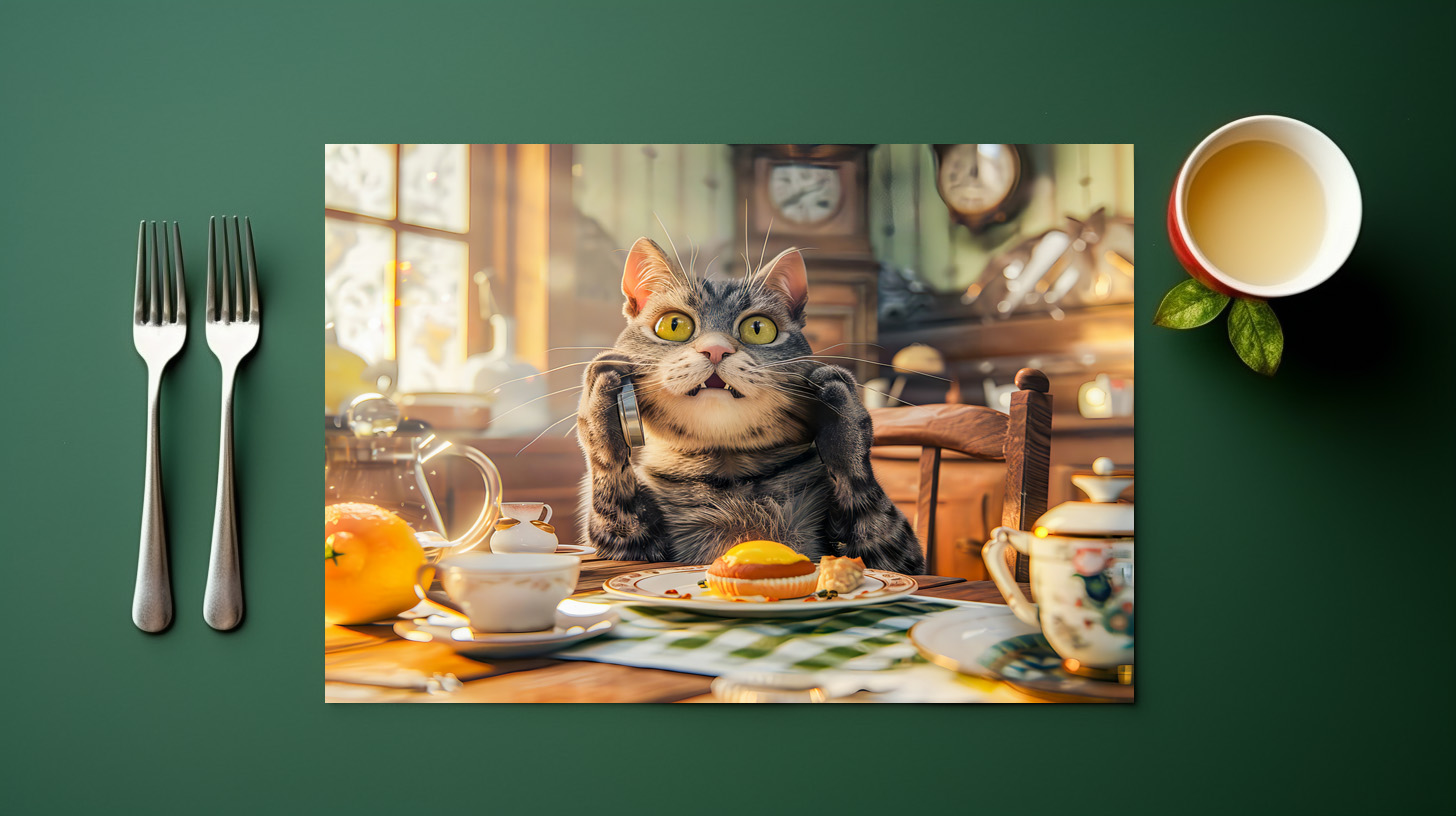 raxxa Premium-Tischset: Cat at breakfast table with croissants and juice – Bild 2
