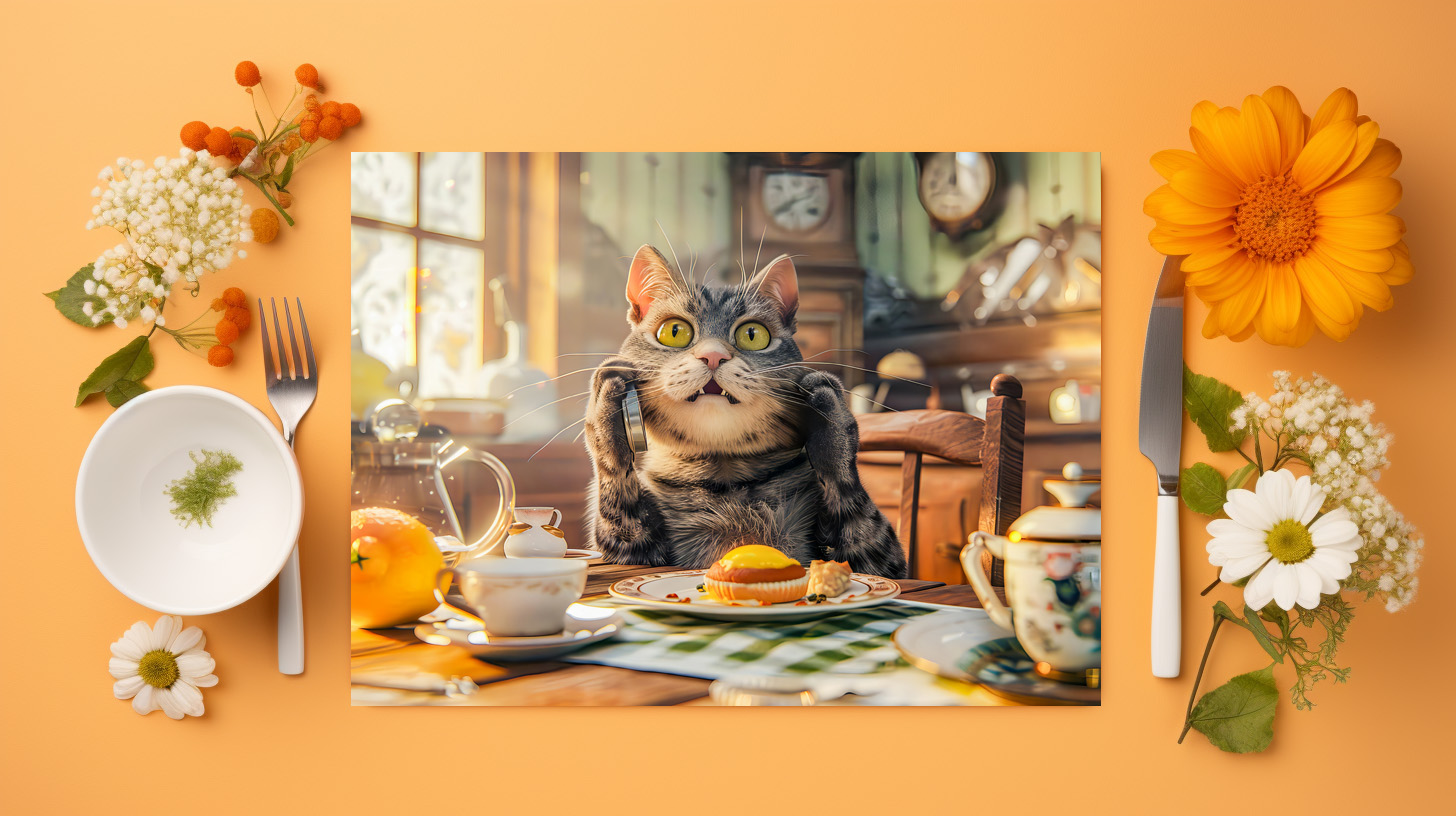 raxxa Premium-Tischset: Cat at breakfast table with croissants and juice – Bild 3