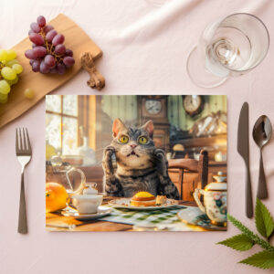 raxxa Premium-Tischset: Cat at breakfast table with croissants and juice