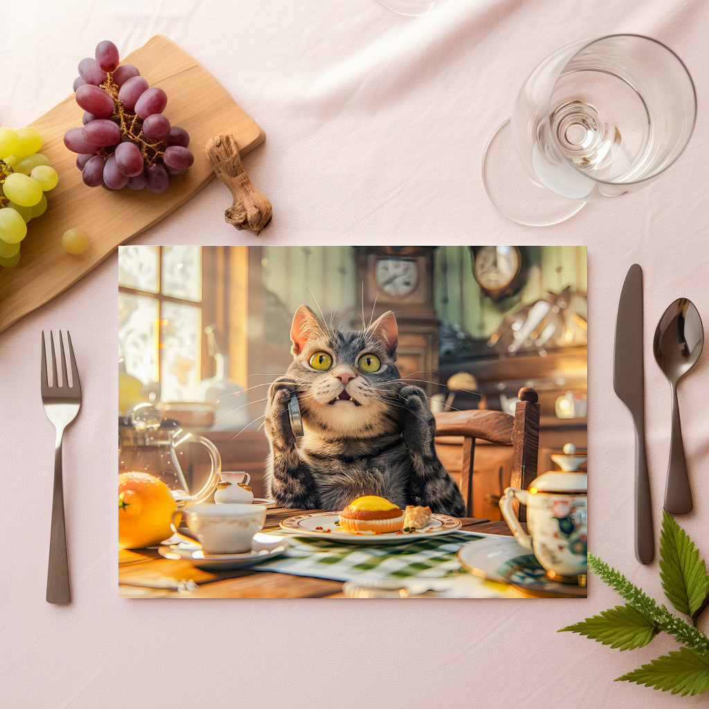 raxxa Premium-Tischset: Cat at breakfast table with croissants and juice