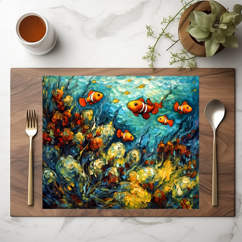 raxxa Premium-Tischset: Clownfish in Swirling Coral Reef Painting
