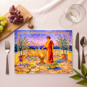 raxxa Premium-Tischset: Hestia Lighting a Sacred Fire on Terrace with Olive Trees at Night