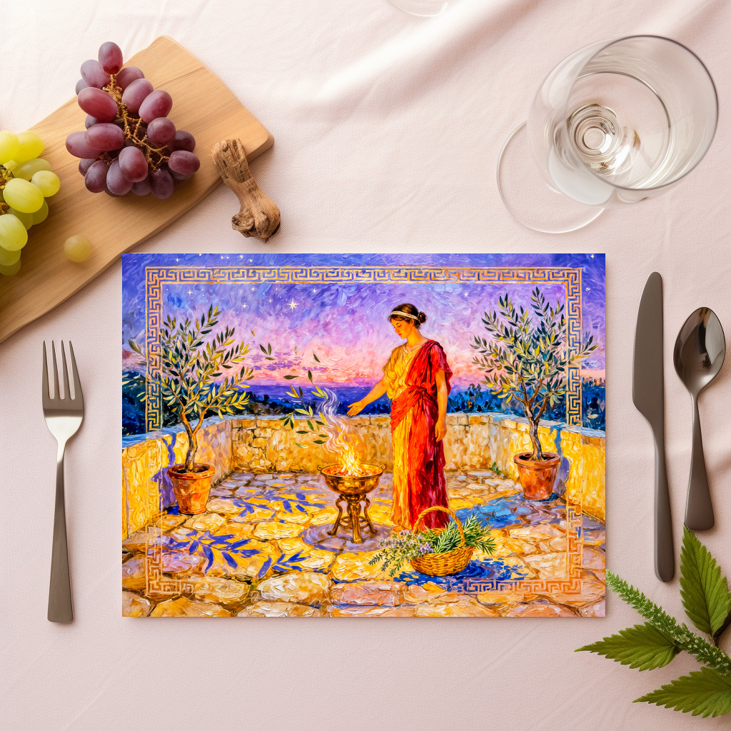 raxxa Premium-Tischset: Hestia Lighting a Sacred Fire on Terrace with Olive Trees at Night