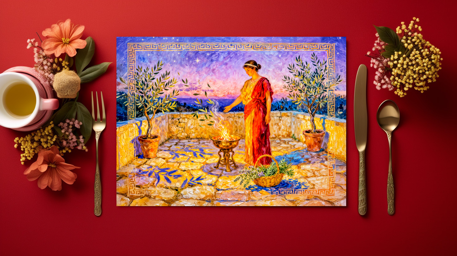 raxxa Premium-Tischset: Hestia Lighting a Sacred Fire on Terrace with Olive Trees at Night – Bild 2