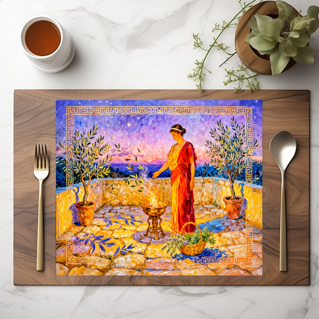 raxxa Premium-Tischset: Hestia Lighting a Sacred Fire on Terrace with Olive Trees at Night – Bild 3