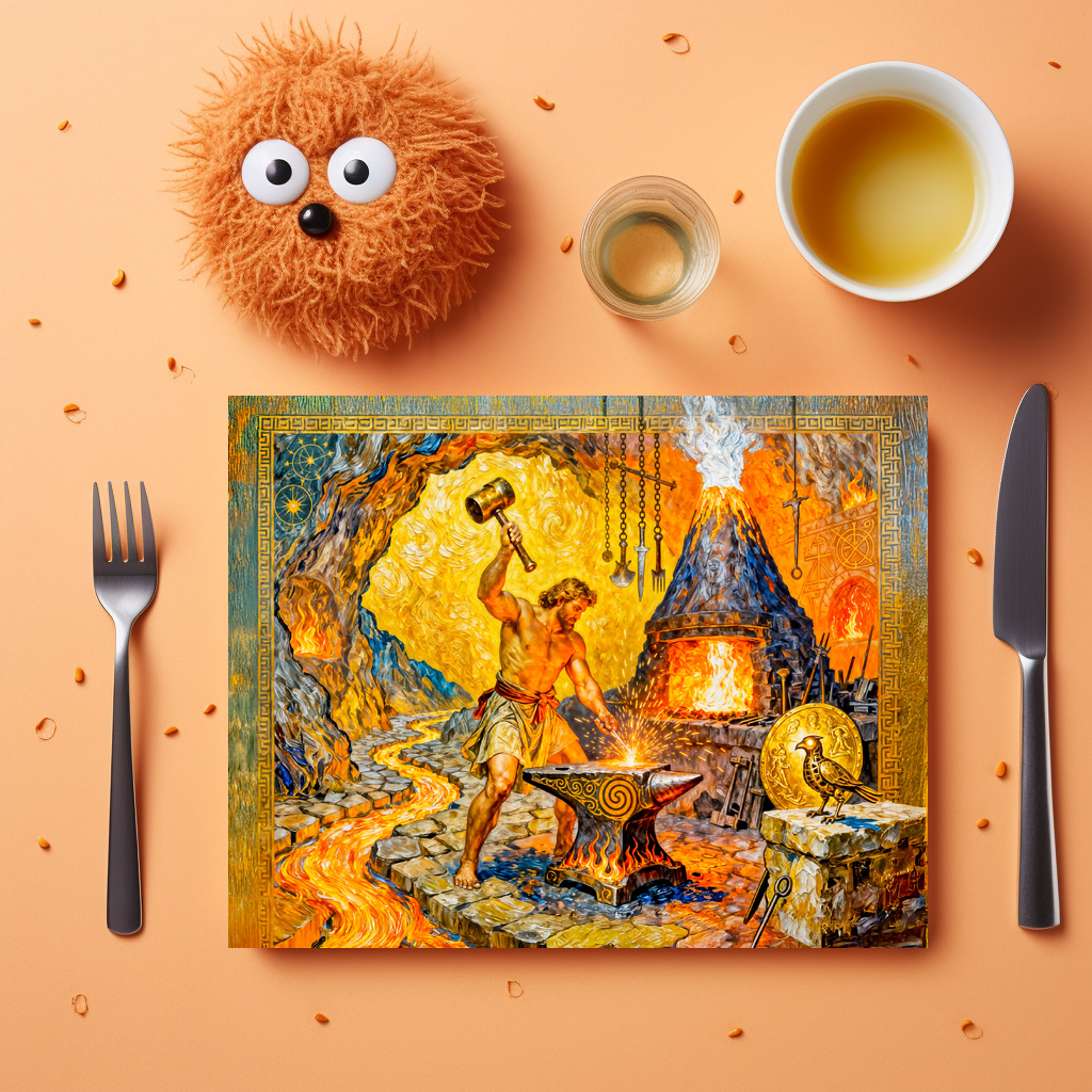 raxxa Premium-Tischset: Hephaestus in Forge with Hammer, Anvil, Volcano Furnace and Lava Flow - immagine 2