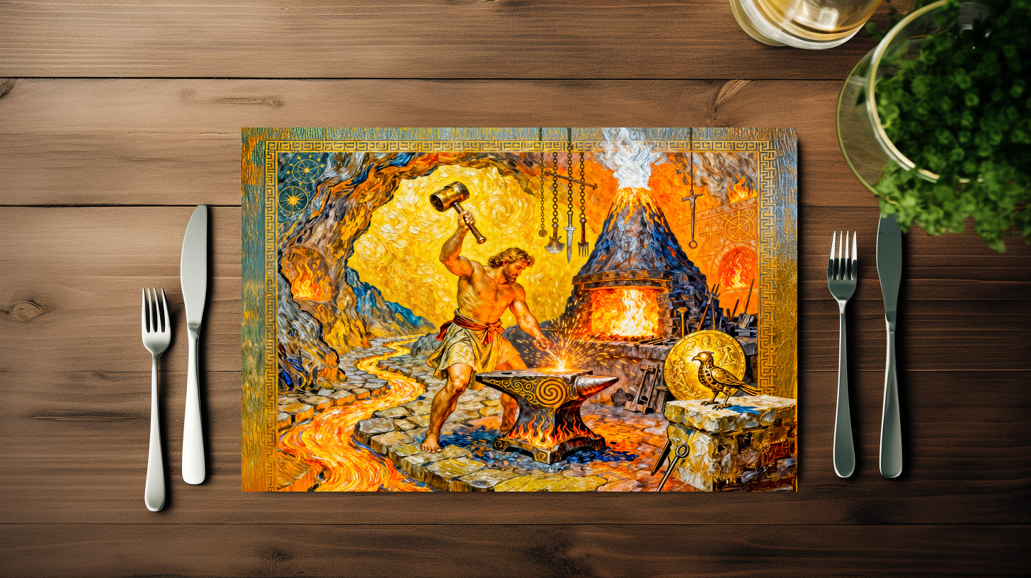 raxxa Premium-Tischset: Hephaestus in Forge with Hammer, Anvil, Volcano Furnace and Lava Flow - immagine 3