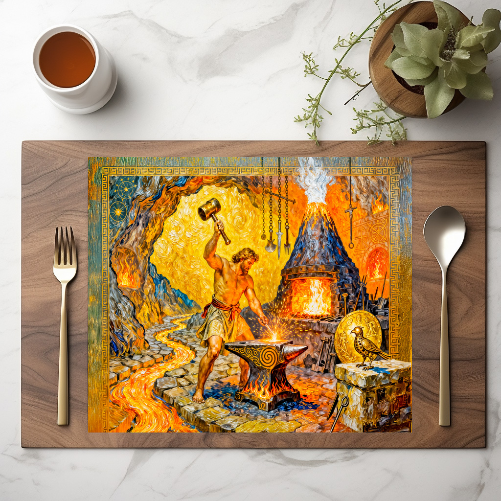 raxxa Premium-Tischset: Hephaestus in Forge with Hammer, Anvil, Volcano Furnace and Lava Flow