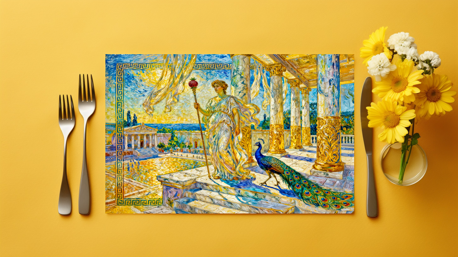 raxxa Premium-Tischset: Hera with Peacock and Pomegranate Scepter in Temple Hall - Image 2