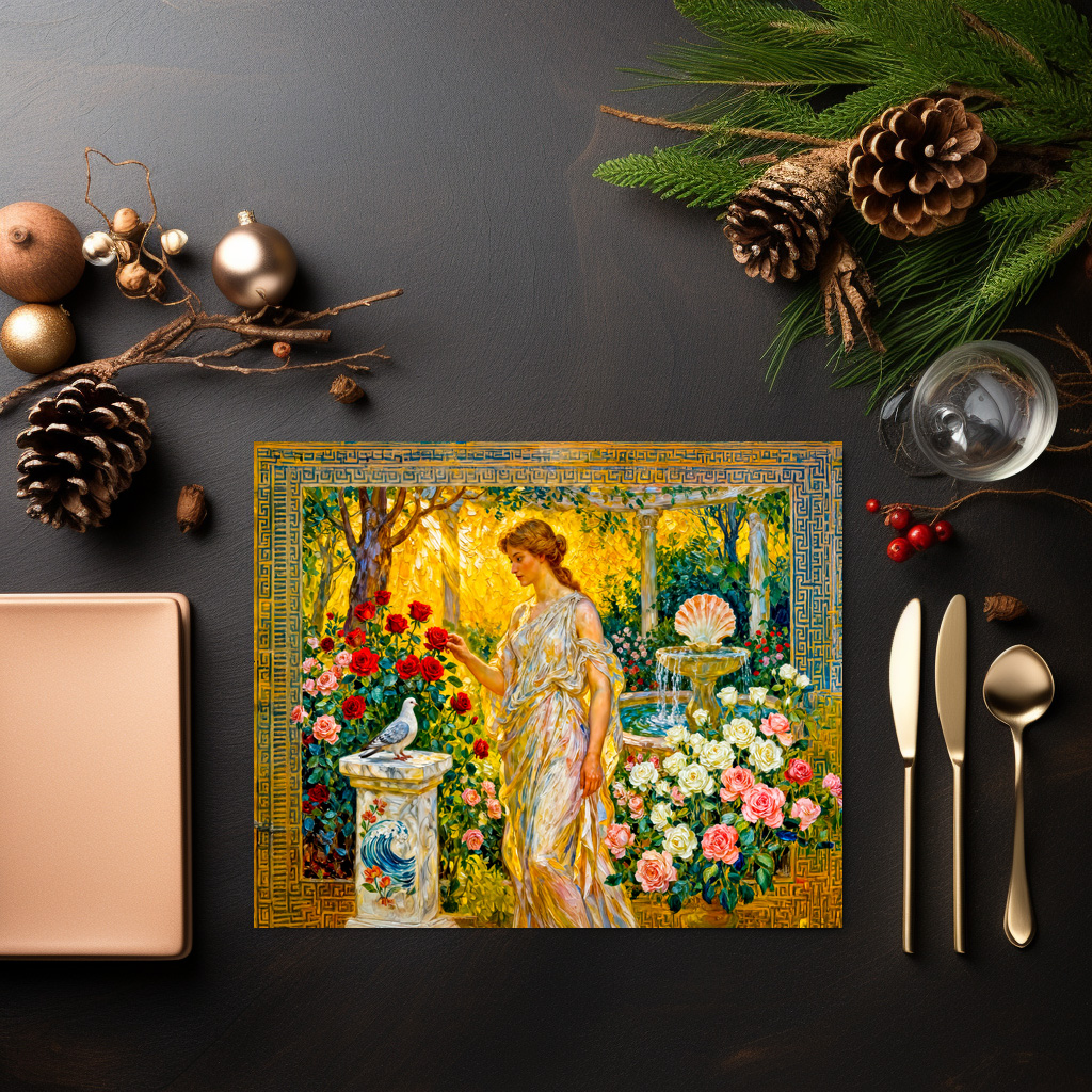 raxxa Premium-Tischset: Aphrodite in Rose Garden with Fountain, Shell and Dove on Ledge - immagine 3