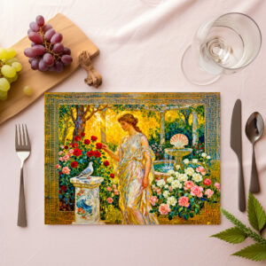 raxxa Premium-Tischset: Aphrodite in Rose Garden with Fountain, Shell and Dove on Ledge
