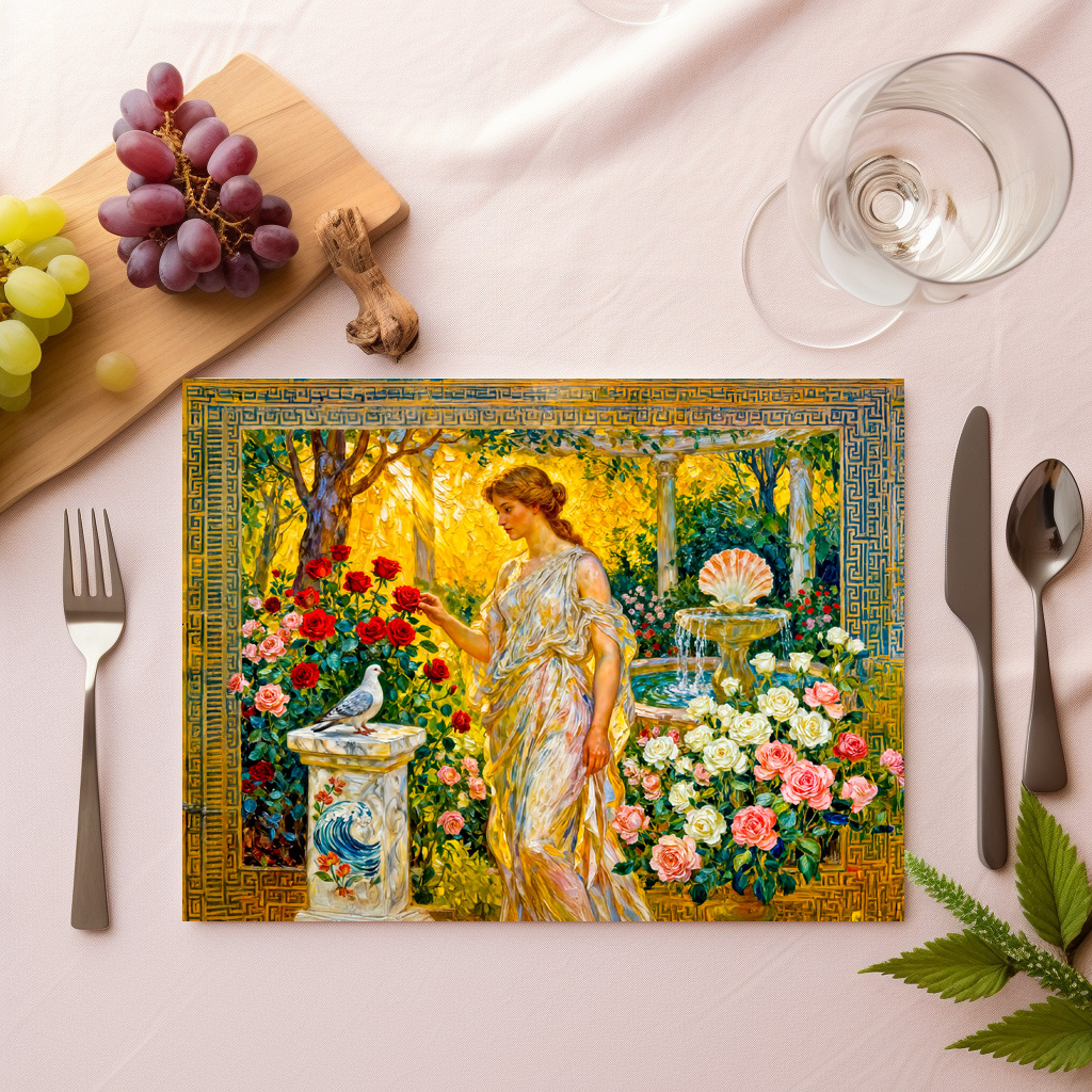 raxxa Premium-Tischset: Aphrodite in Rose Garden with Fountain, Shell and Dove on Ledge