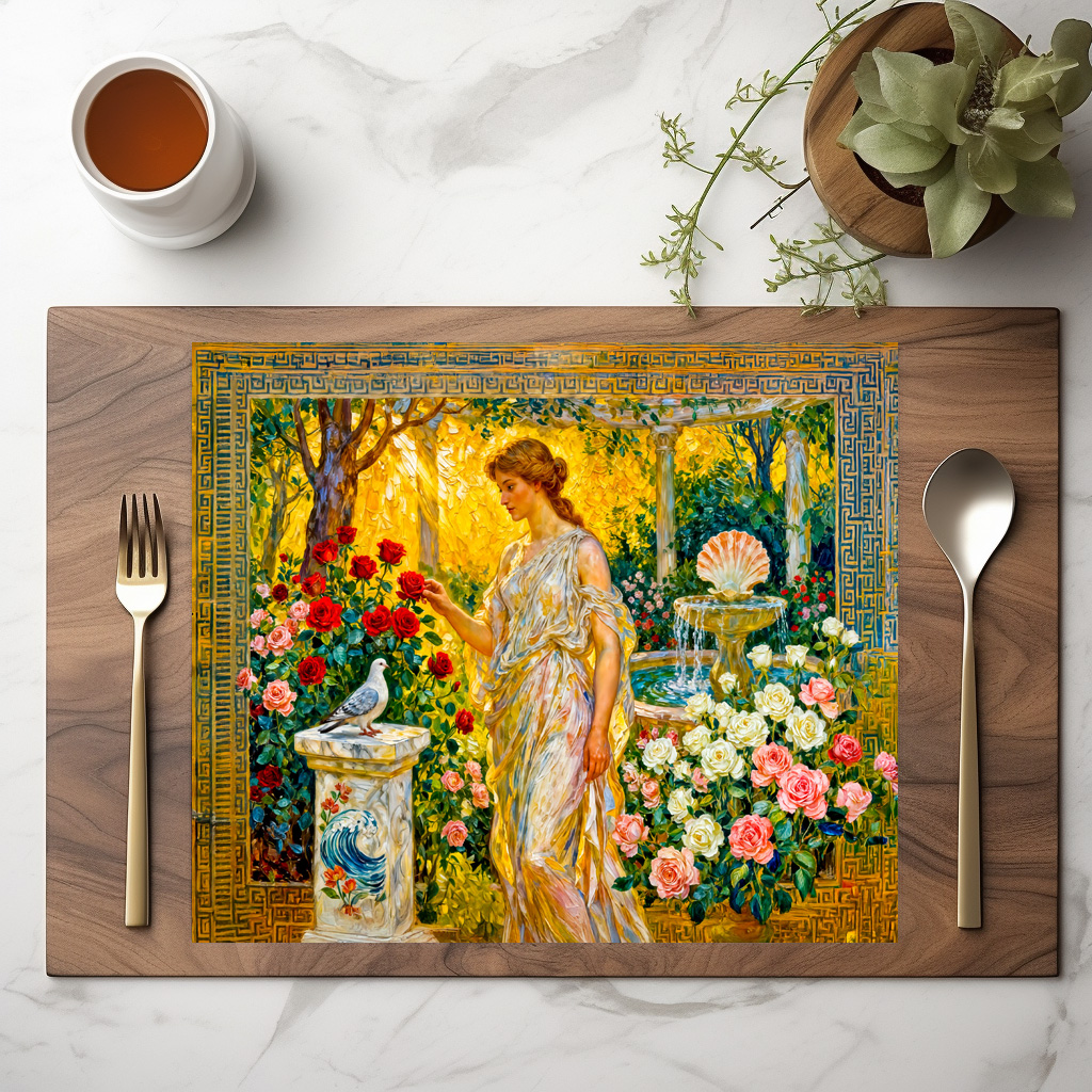 raxxa Premium-Tischset: Aphrodite in Rose Garden with Fountain, Shell and Dove on Ledge - immagine 2