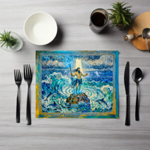 raxxa Premium-Tischset: Poseidon on Sea Rocks with Trident and Dolphins