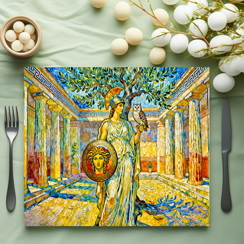 raxxa Premium-Tischset: Athena with Owl and Shield by Olive Tree in Temple Courtyard