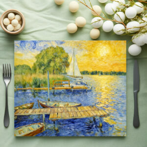 raxxa Premium-Tischset: Impressionist Lakeside Pier on the Wannsee with Boats and Reflections