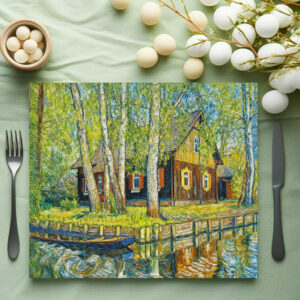 raxxa Premium-Tischset: Impressionist Spreewald House by a Quiet Canal with Wooden Boat
