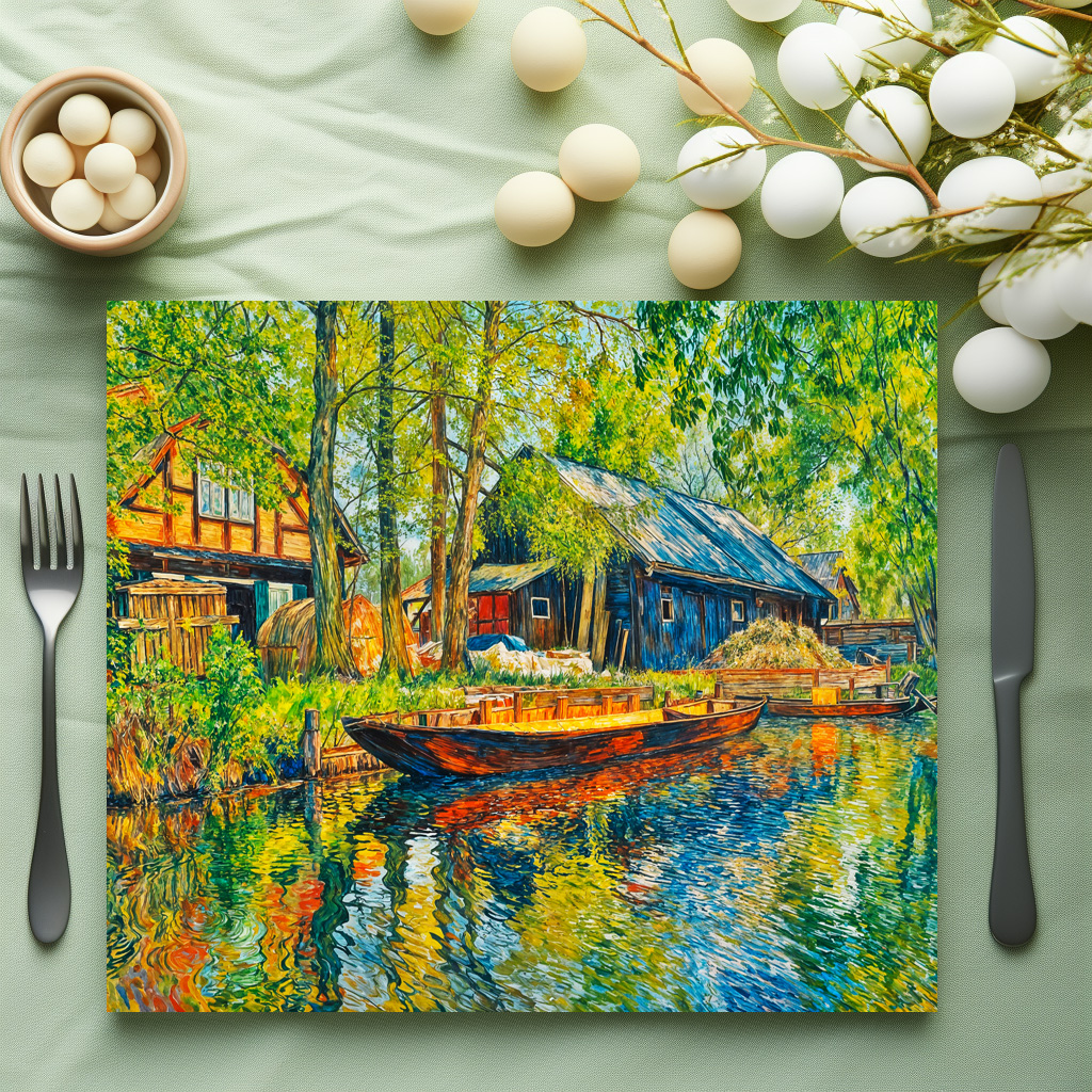 raxxa Premium-Tischset: Impressionist Spreewald Farmhouse with Wooden Boat by the Canal
