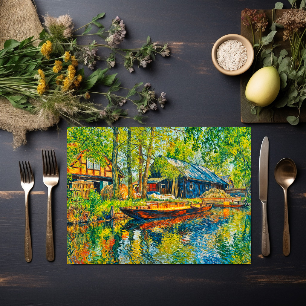 raxxa Premium-Tischset: Impressionist Spreewald Farmhouse with Wooden Boat by the Canal – Bild 2