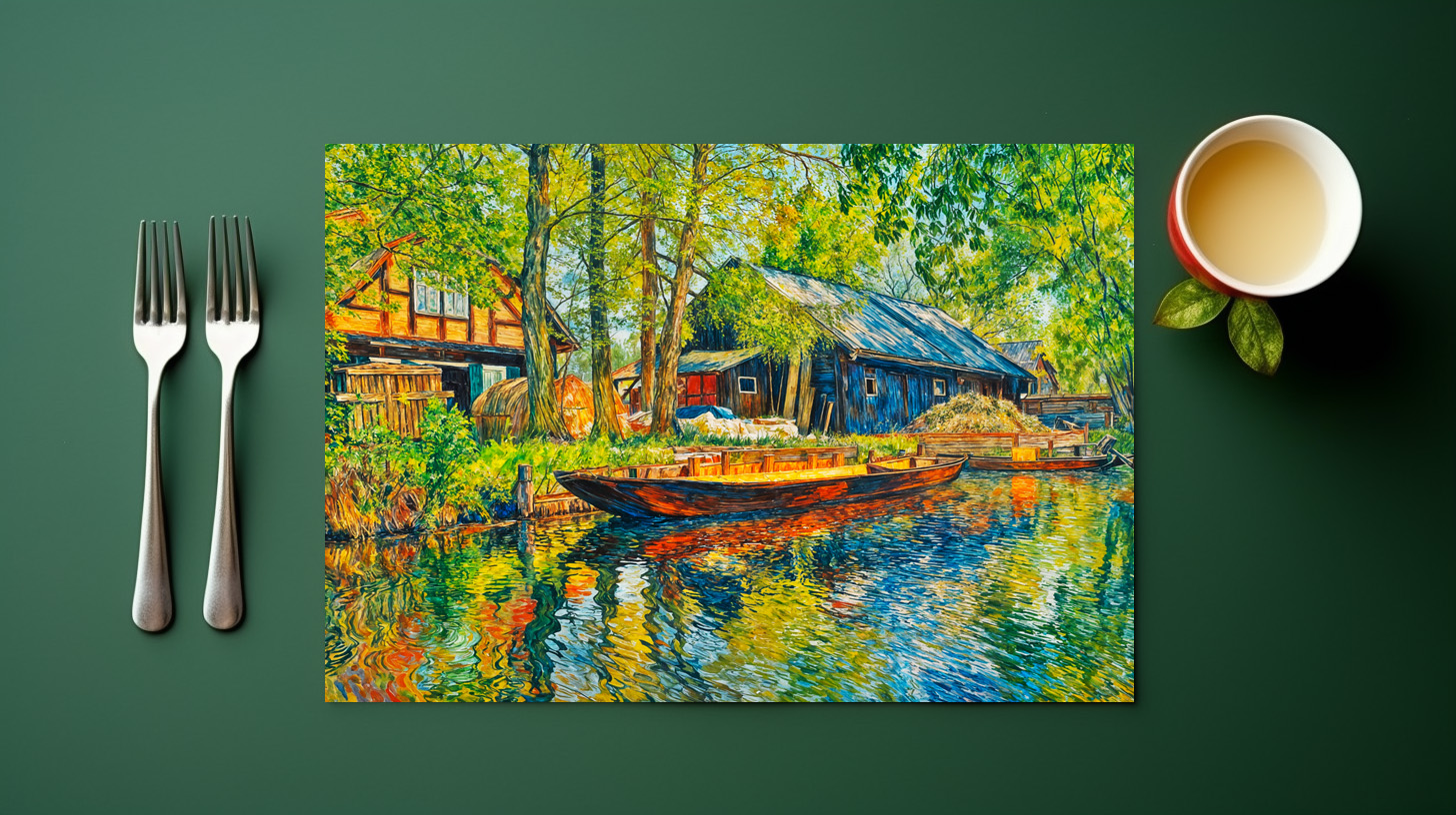 raxxa Premium-Tischset: Impressionist Spreewald Farmhouse with Wooden Boat by the Canal – Bild 3