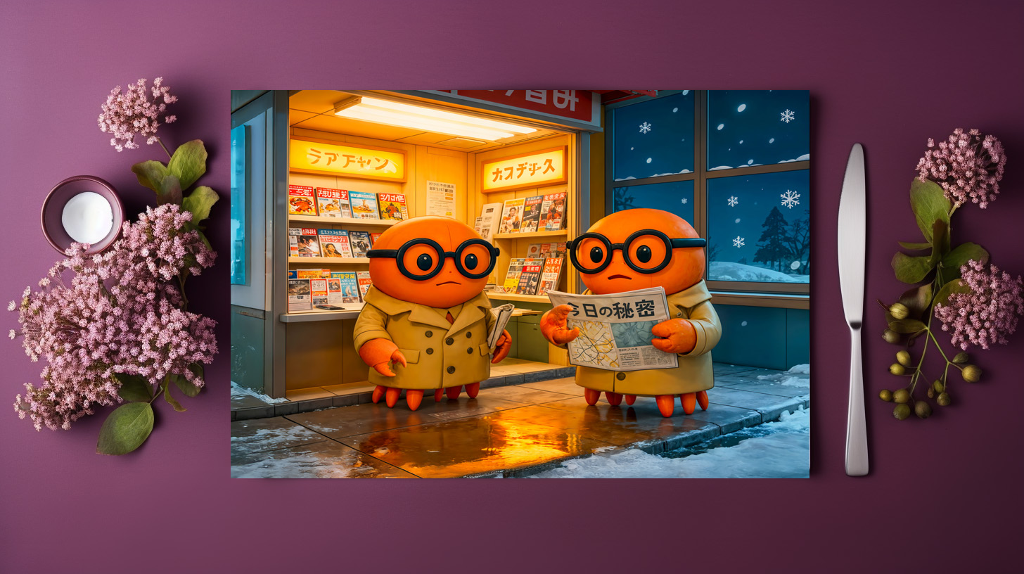 raxxa Premium-Tischset: Spy Crabs Investigating Colorful Japanese Newsstand Scene – Image 3