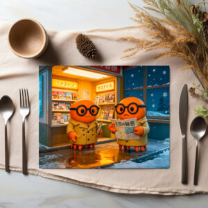 raxxa Premium-Tischset: Spy Crabs Investigating Colorful Japanese Newsstand Scene