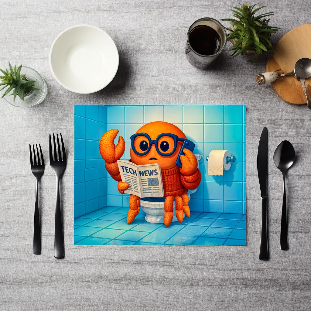 raxxa Premium-Tischset: Funny Spy Crab Reading Tech News Magazine
