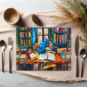 raxxa Premium-Tischset: Cat sitting Among Open Books on table