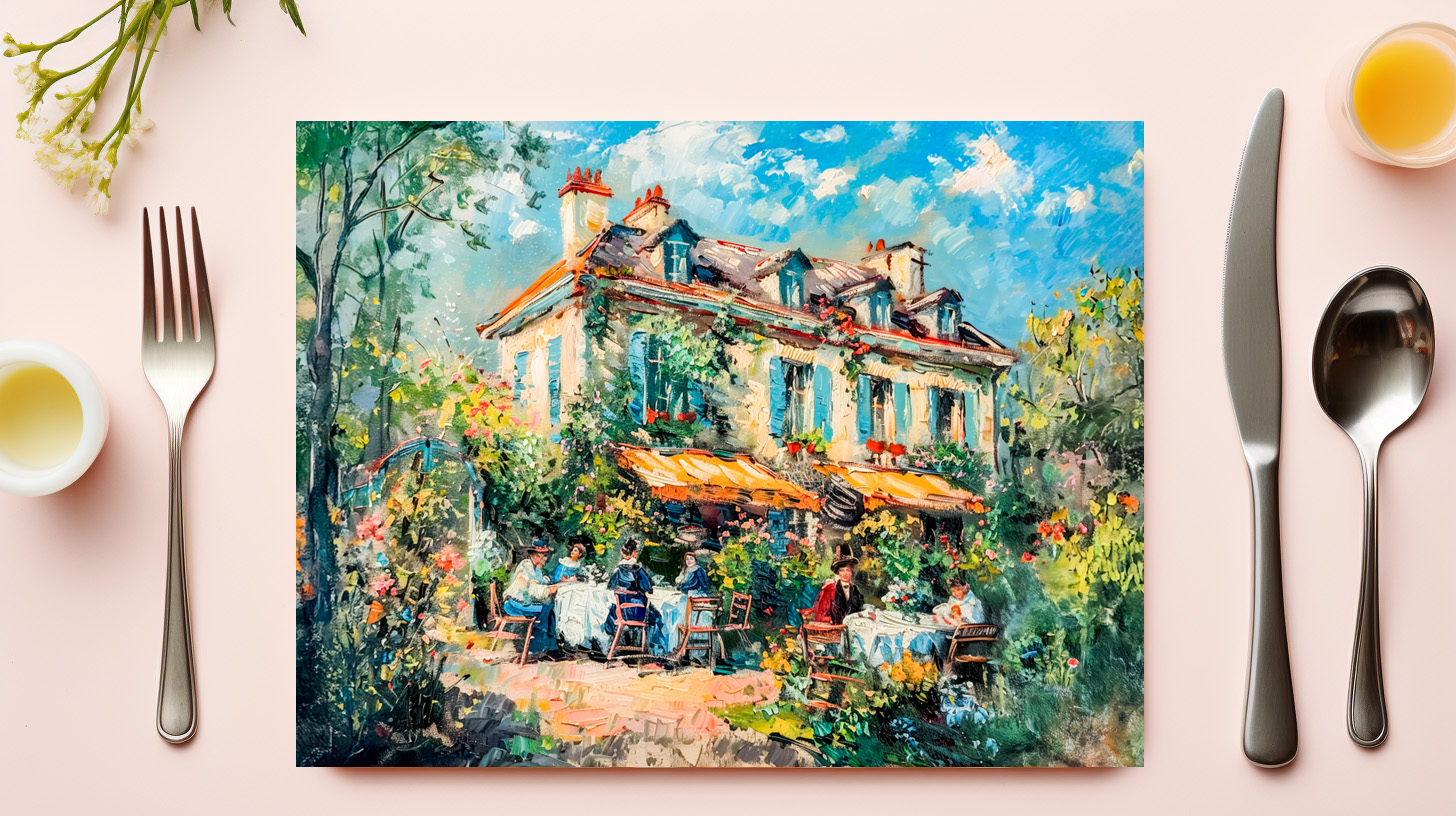 raxxa Premium-Tischset: Impressionist Garden Art Mug Summer House Gathering - Image 3