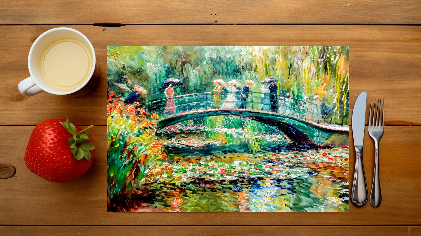 raxxa Premium-Tischset: Impressionist Garden Art Mug Bridge Over Pond - Image 3