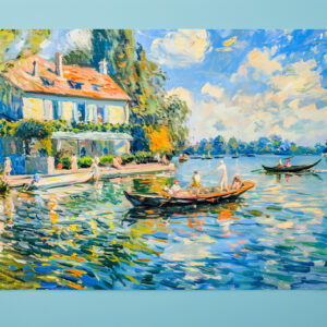 raxxa Premium-Tischset: Impressionist Garden Art Mug Lakeside House with Boats