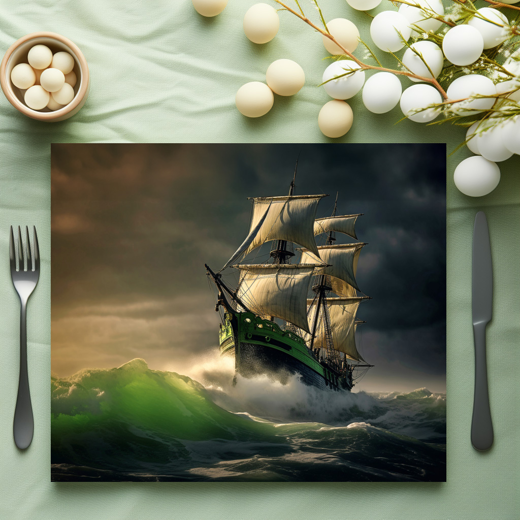 raxxa Premium-Tischset: Segelschiff in grünen Wellen
