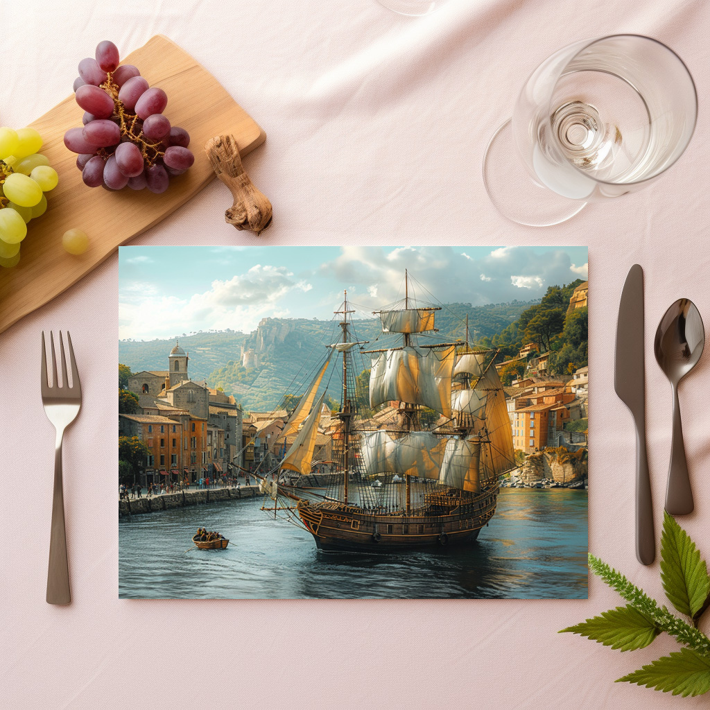 raxxa Premium-Tischset: Historisches Segelschiff vor mittelalterlicher Stadt – Bild 2