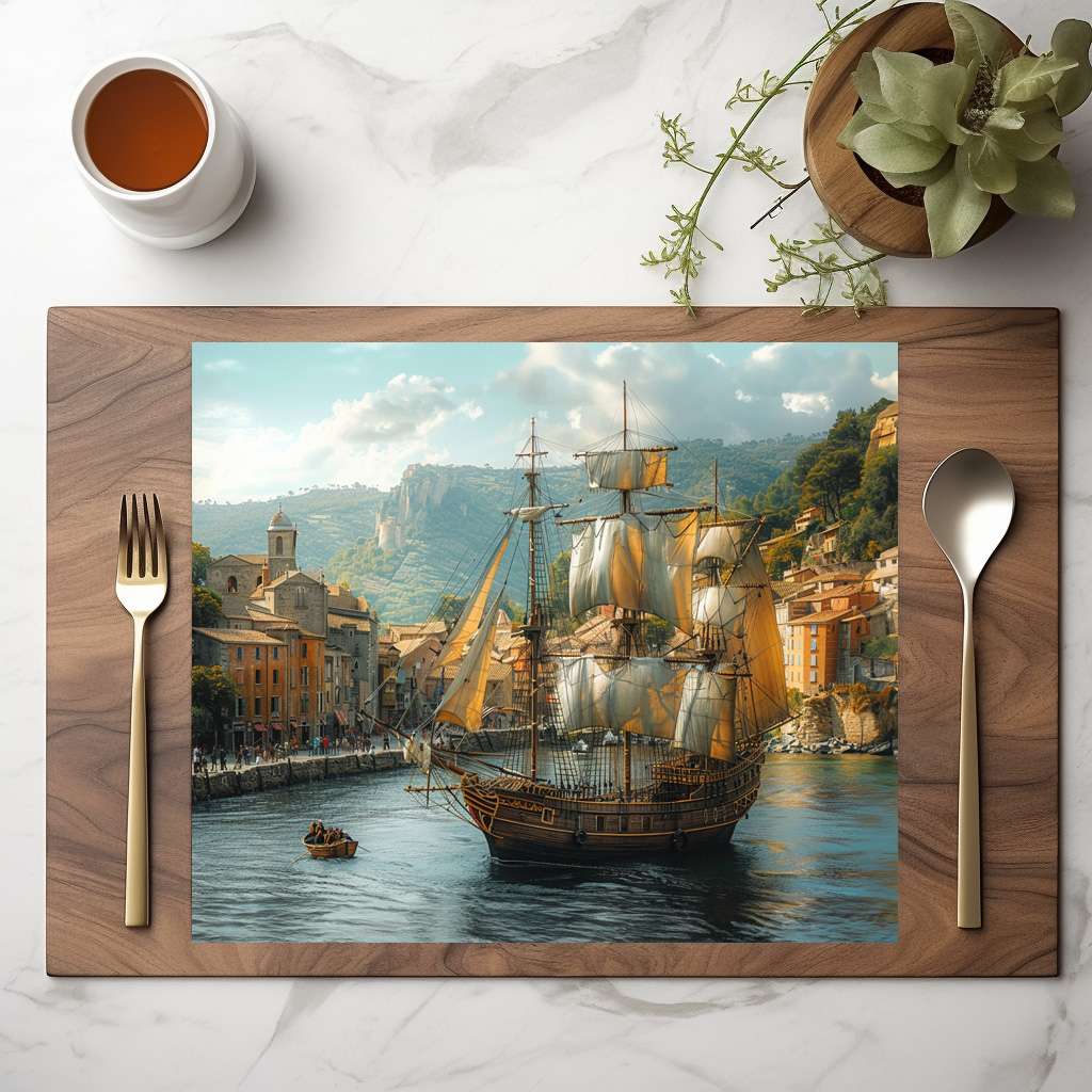 raxxa Premium-Tischset: Historisches Segelschiff vor mittelalterlicher Stadt