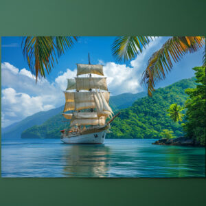 raxxa Premium-Tischset: Historisches Segelschiff unter Palmen