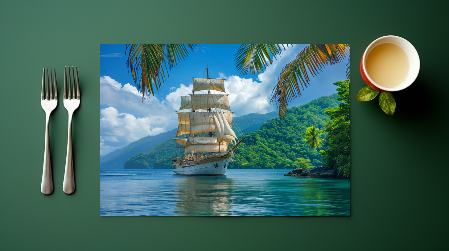 raxxa Premium-Tischset: Historisches Segelschiff unter Palmen