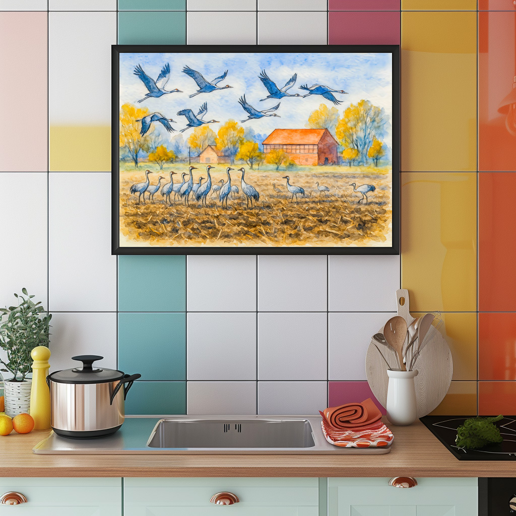 Poster: Crane in field rhinow aquarell havelland