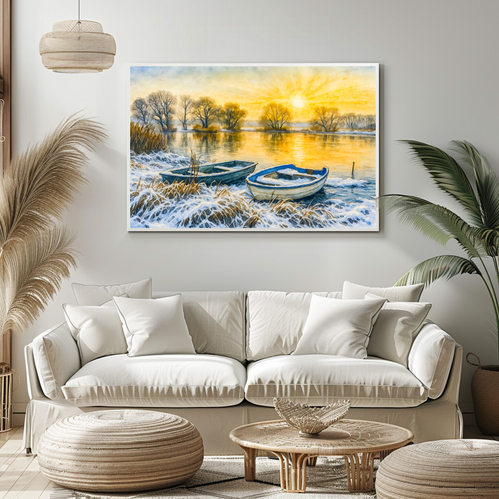 Poster: Sunset boats riverside aquarell havelland