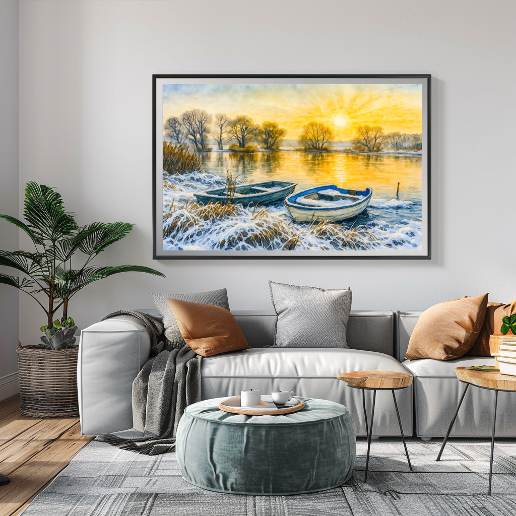 Poster: Sunset boats riverside aquarell havelland - Imagen 2