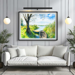 Poster: Willow boats calm river aquarell havelland