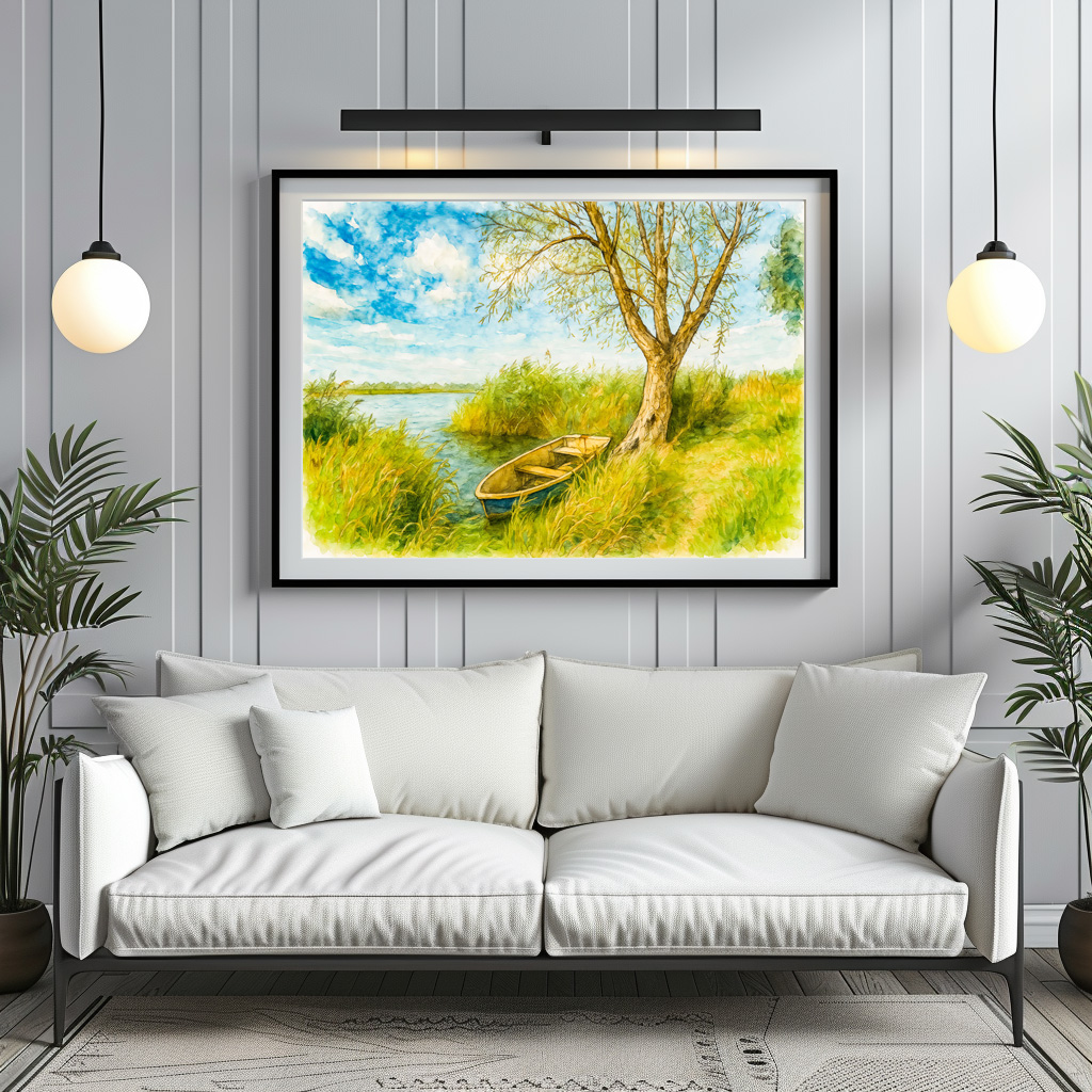Poster: Boat under willow ar river aquarell havelland style – Bild 2