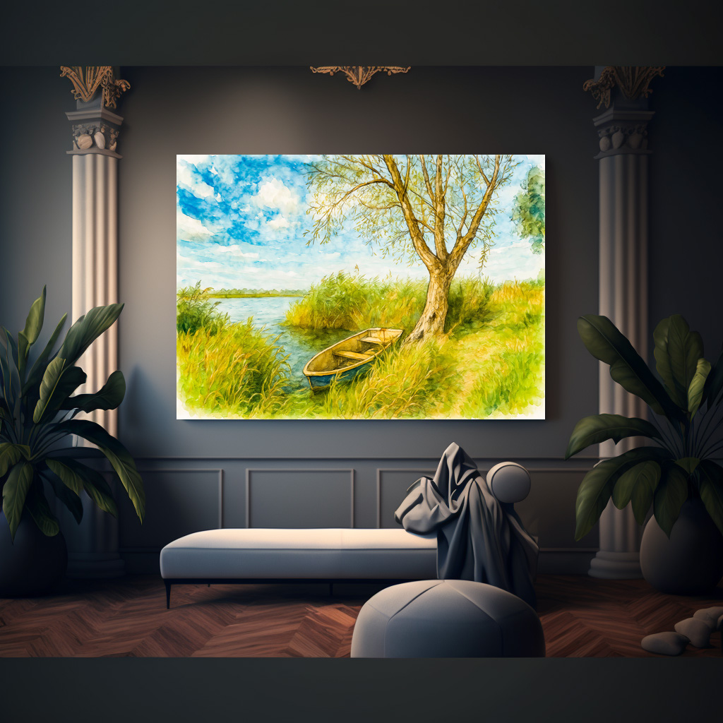Poster: Boat under willow ar river aquarell havelland style – Bild 3